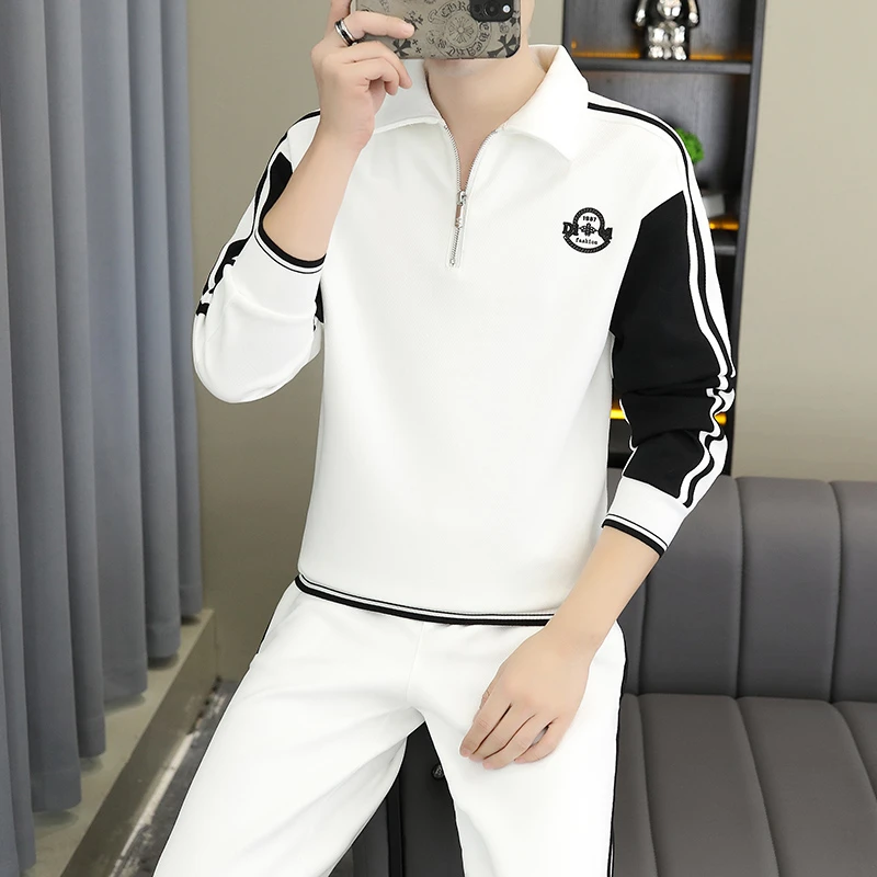 潮男秋季新款翻领套装撞色帅气高颜值品质休闲拼接潮流高档两件套