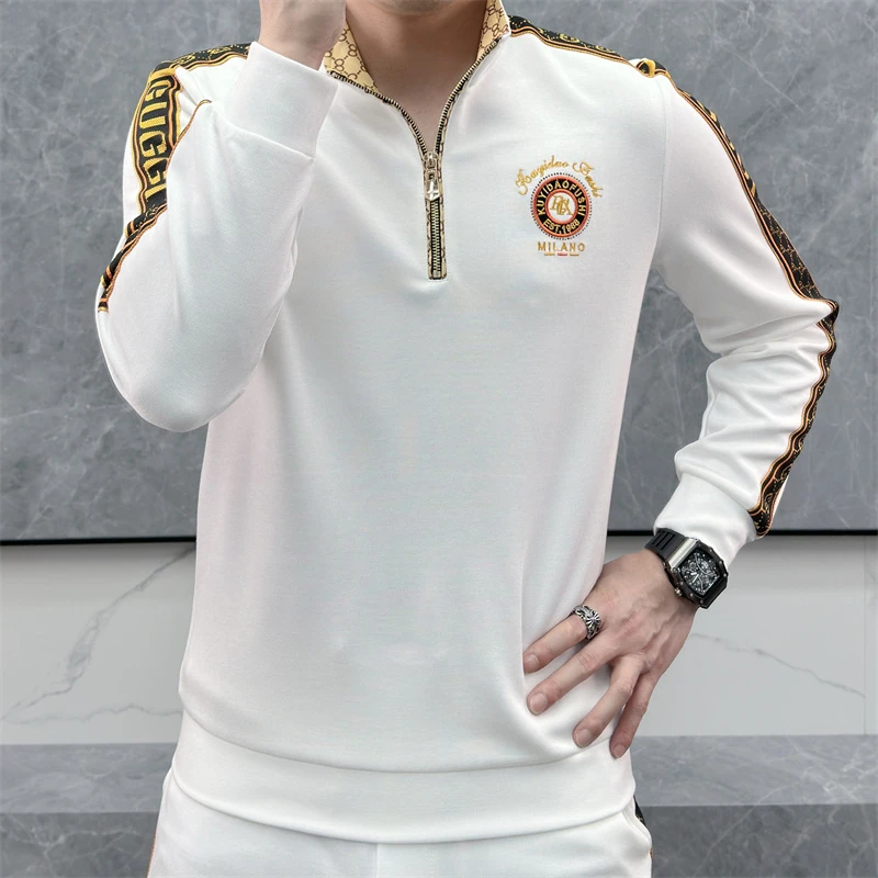 半高领拉链卫衣男欧版轻奢刺绣潮流秋季新款时尚百搭休闲简约卫衣