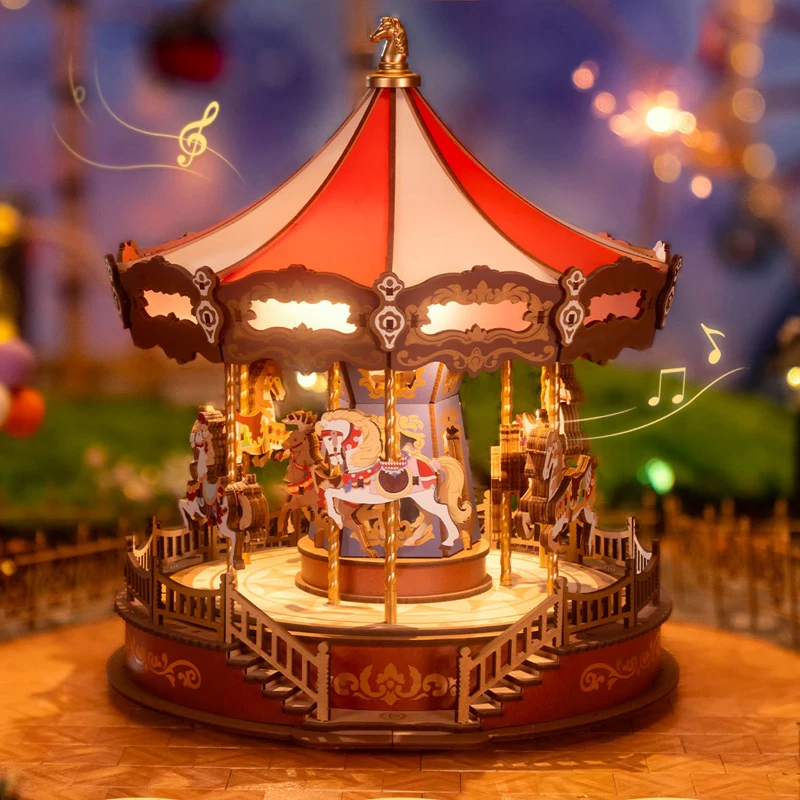 旋转木马音乐盒八音盒diy手工女孩闺蜜朋友情人生日礼物发光夜灯