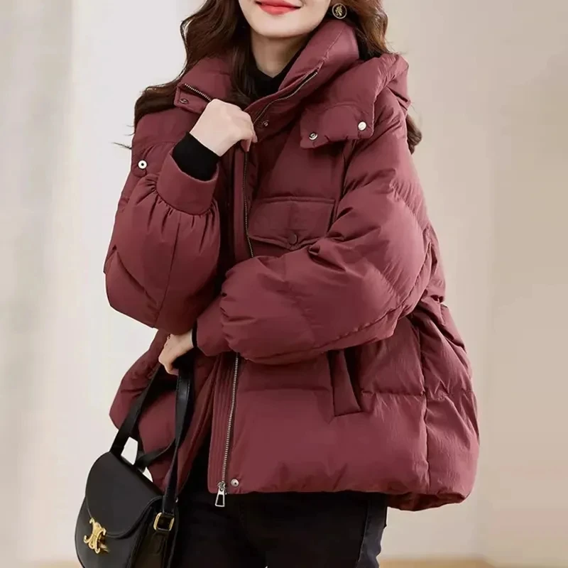 安哥拉红色短款羽绒棉服女冬2025新款小个子连帽显瘦加厚棉衣外套