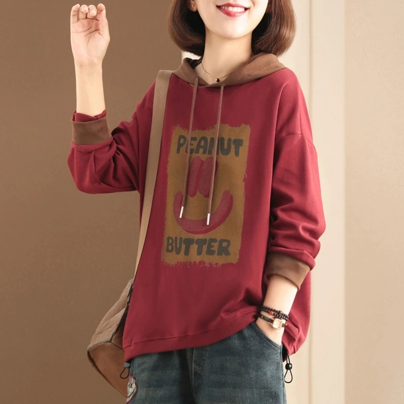 休闲拼接连帽卫衣女士2025春秋新款韩版大码遮肉时尚印花套头上衣