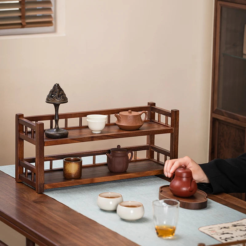 茶具收纳架北美胡桃木双层博古架中式实木茶壶紫砂茶杯沥水置物架