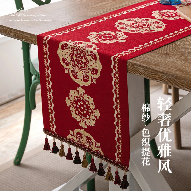 新款装饰长条台布家用复古风床尾旗美式提花餐桌茶几桌旗红色桌布