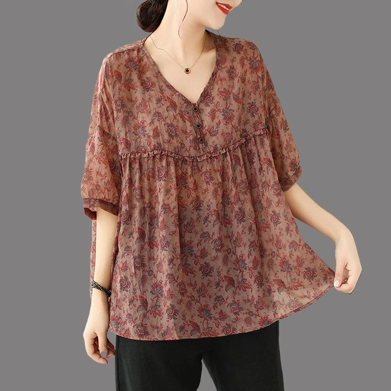 2024年新款夏季女士大码中年妈妈遮肚子减龄短袖雪纺小衫碎花上衣