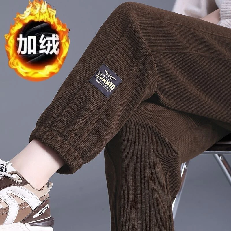 加绒加厚休闲裤女保暖冬季大码宽松灯芯绒雪尼尔系带束脚哈伦裤潮