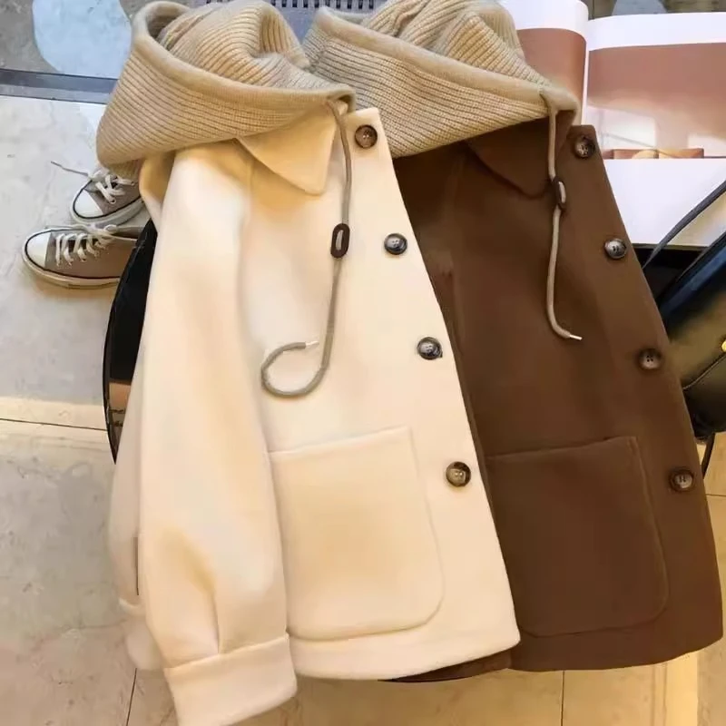 GOOMIL LEE百搭特大码男女拼接针织连帽毛呢大衣古着宽松加厚外套