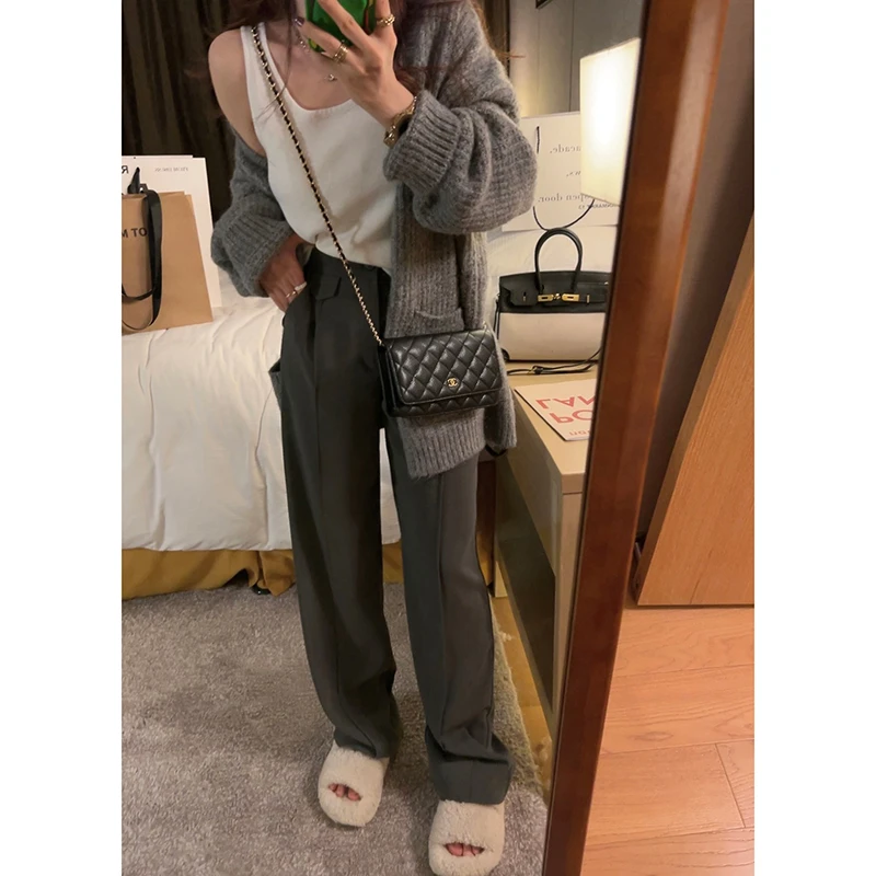 Yukiss直播 直筒阔腿西裤女秋垂感显腿直灰色（立体直筒西裤A2434）