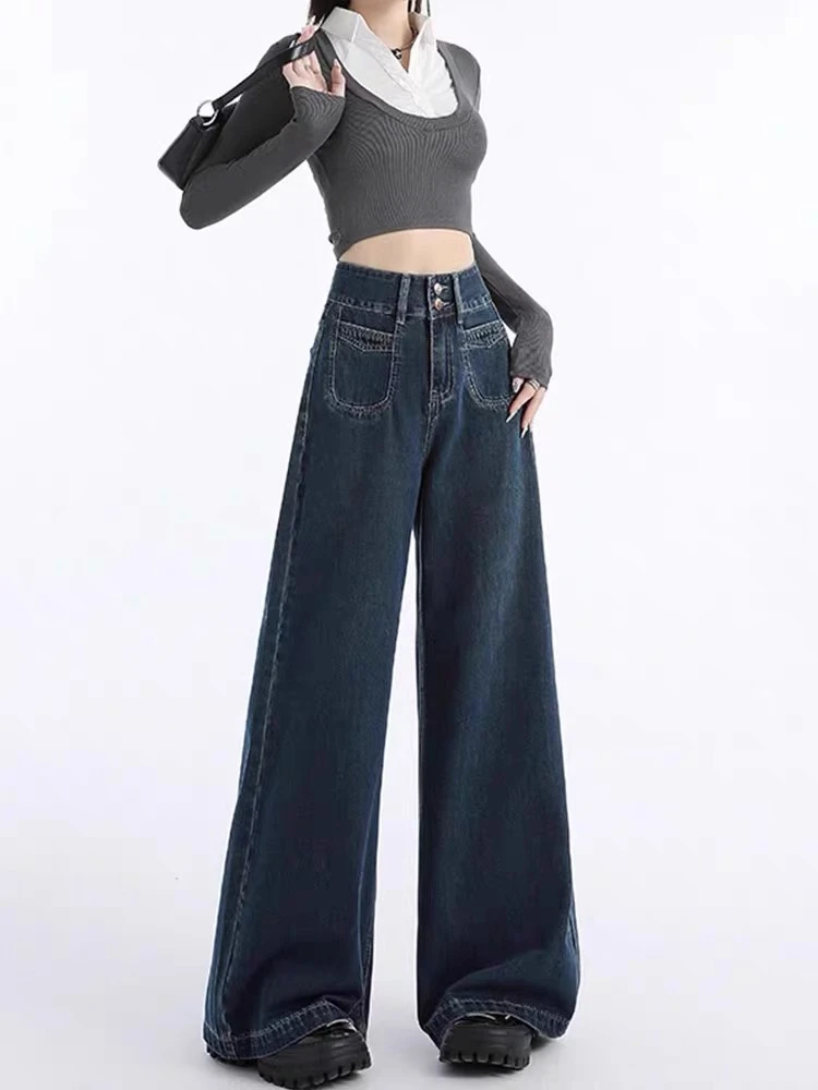 复古高腰夏季阔腿牛仔裤女秋冬新款宽松衣服直筒裤百搭裤垂感显瘦