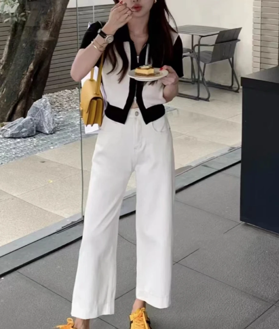 牛仔裤女9分裤遮大腿夏季薄款高腰宽松休闲直筒裤白色洋气时尚