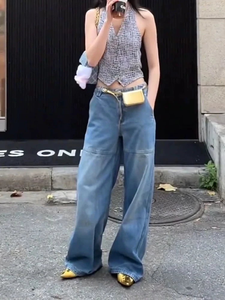 s家复古通勤百搭直筒宽松压线原牛蓝显瘦阔腿拖地牛仔裤长裤