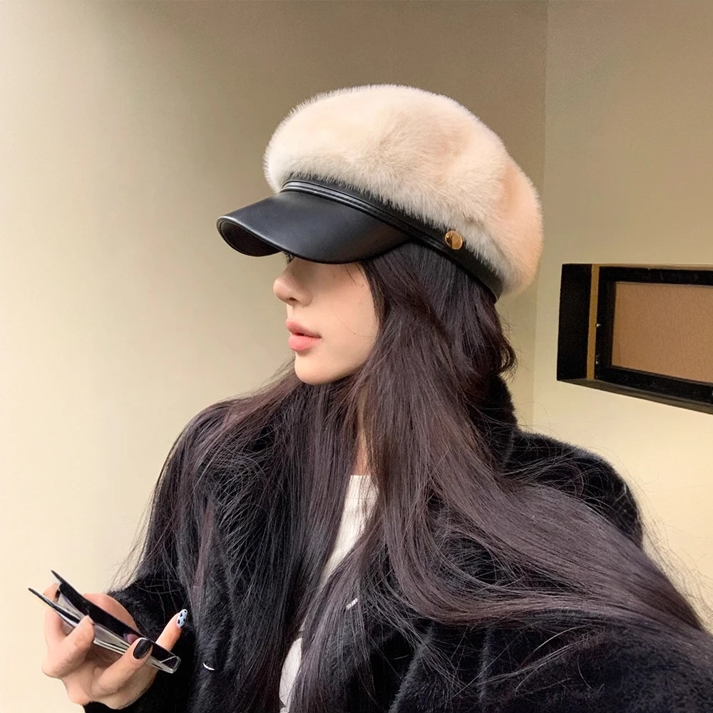 仿水貂毛贝雷帽女秋冬季显脸小报童画家帽大头围保暖毛绒八角帽子