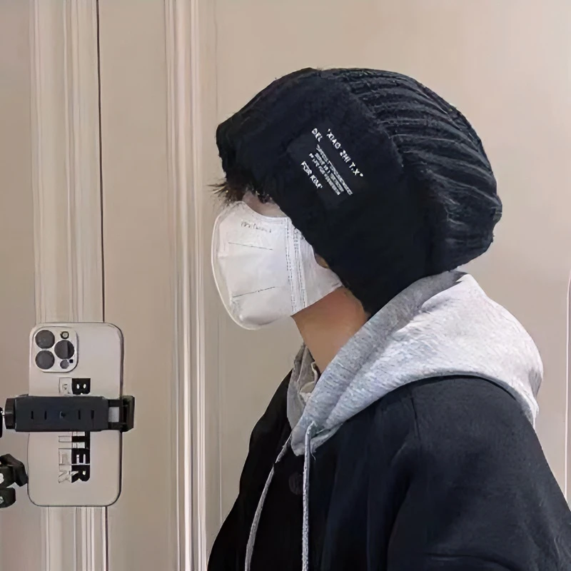 显脸小堆堆毛线帽男女情侣款秋冬季冷帽大头围粗针织帽黑色冬帽潮