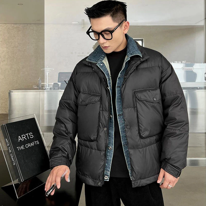 爆款轻熟男士痞帅假两件牛仔领大口袋羽绒服冬季情侣保暖工装同款