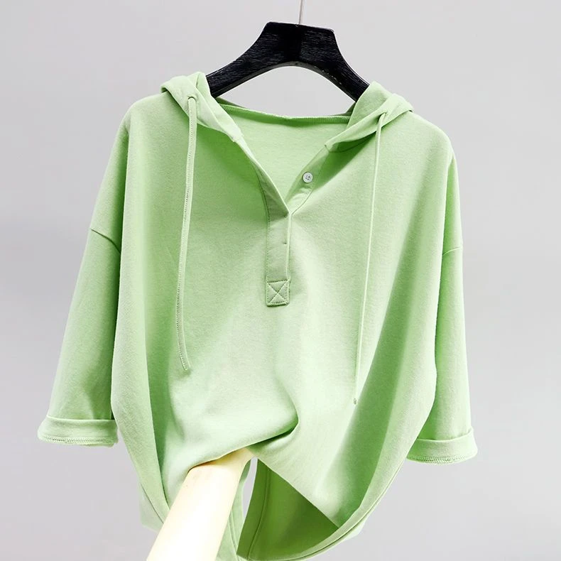 纯棉短袖T恤女宽松新款夏季薄款连帽卫衣大码显瘦学生上衣体恤女