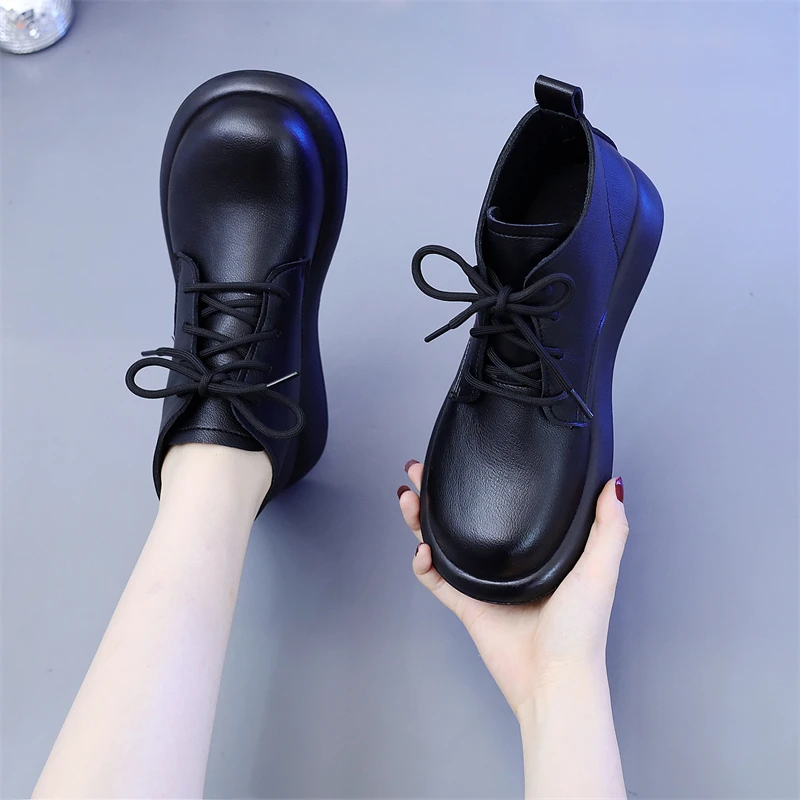 轻便短靴休闲百搭复古短靴女秋季2025新款系带马丁靴子女真皮单鞋