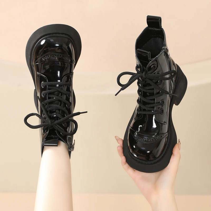 漆皮二棉鞋厚底真皮马丁靴女英伦风2024新款秋冬季百搭亮面短靴子