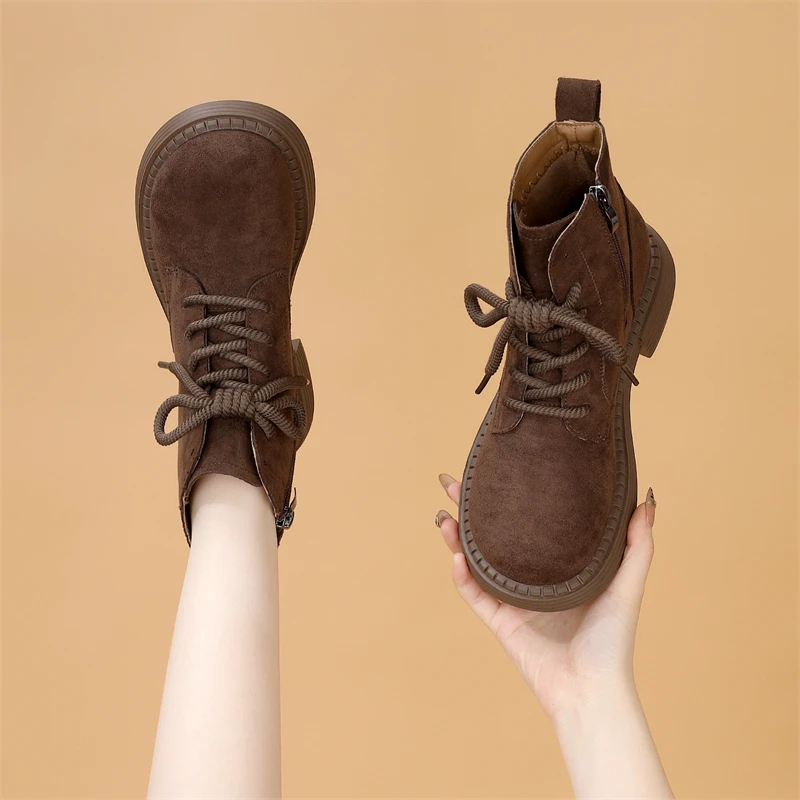 时尚百搭圆头英伦风真皮马丁靴女2025春秋新款侧拉链复古棕色短靴