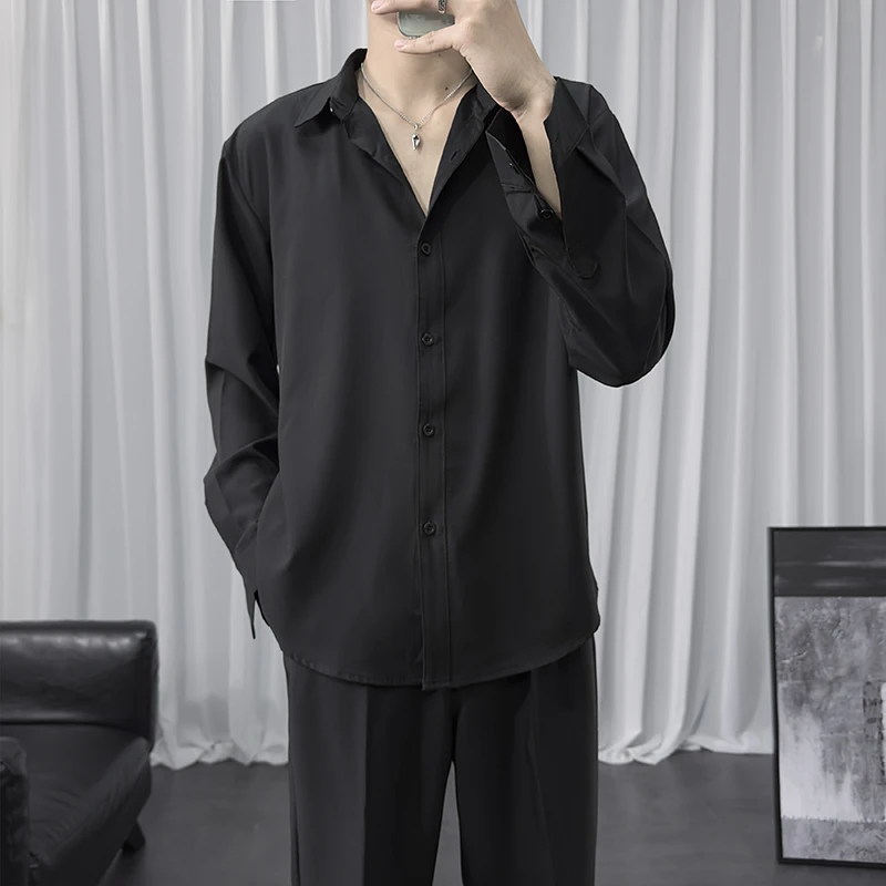 黑色衬衫男款长袖春秋季高级感免烫寸衫痞帅男士休闲男装白衬衣潮