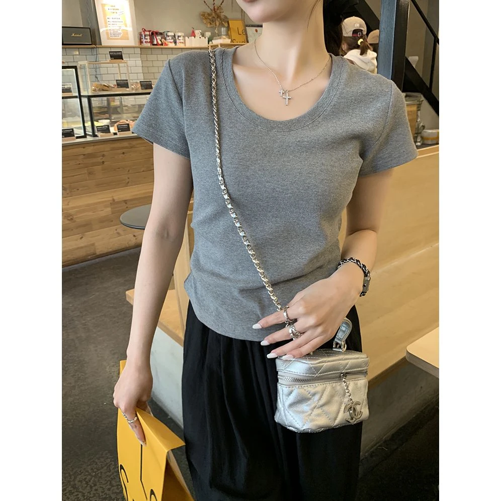 巨显瘦抽褶设计短袖T恤女夏季2025新款修身U领上衣灰色棉t打底衫