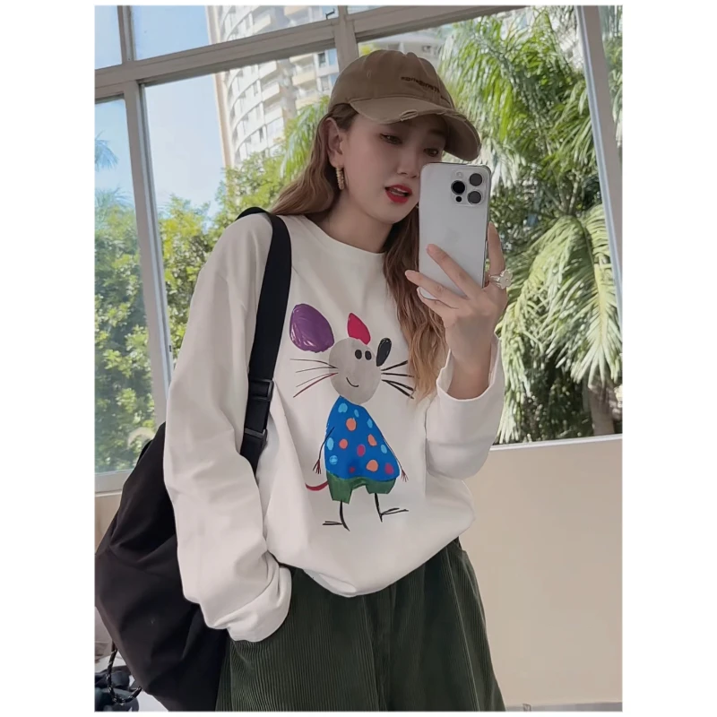 佟掌柜-【彩绘小老鼠】磨毛加厚圆领宽松印花T恤