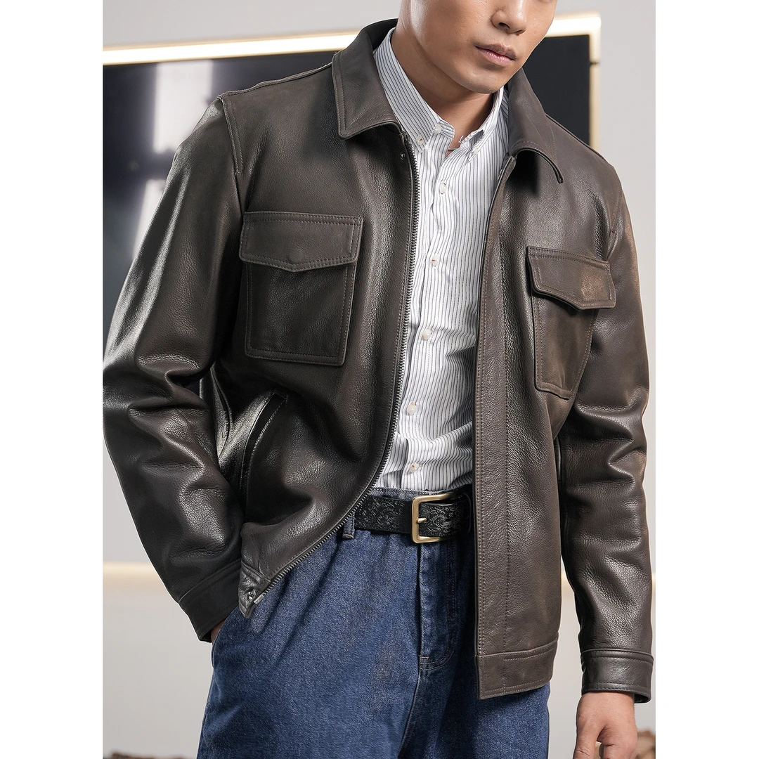 虎丁真皮 牛皮夹克  9830翻领修身男士休闲复古时尚复古风