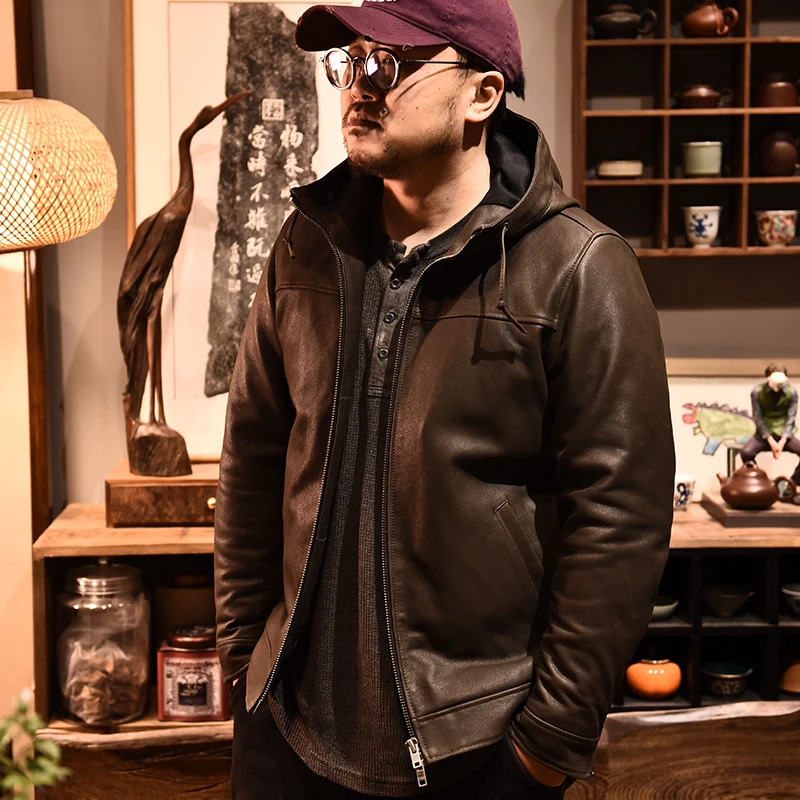 头层牛皮 9875 男士时尚休闲连帽修身秋冬防风