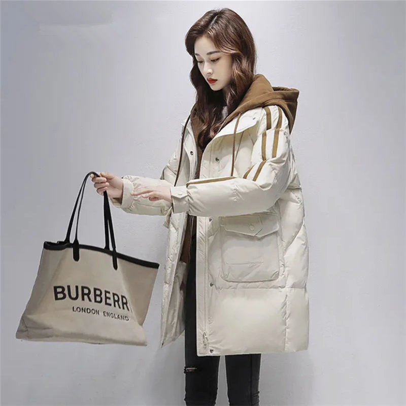 棉服女中长款2024冬新款连帽棉衣加厚保暖休闲宽松假两件棉袄外套