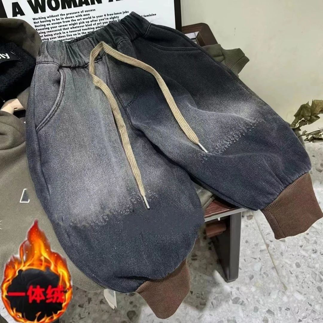 长裤网红款磨破条加绒牛仔裤韩版宽松休闲男女童潮宝冬季灯笼