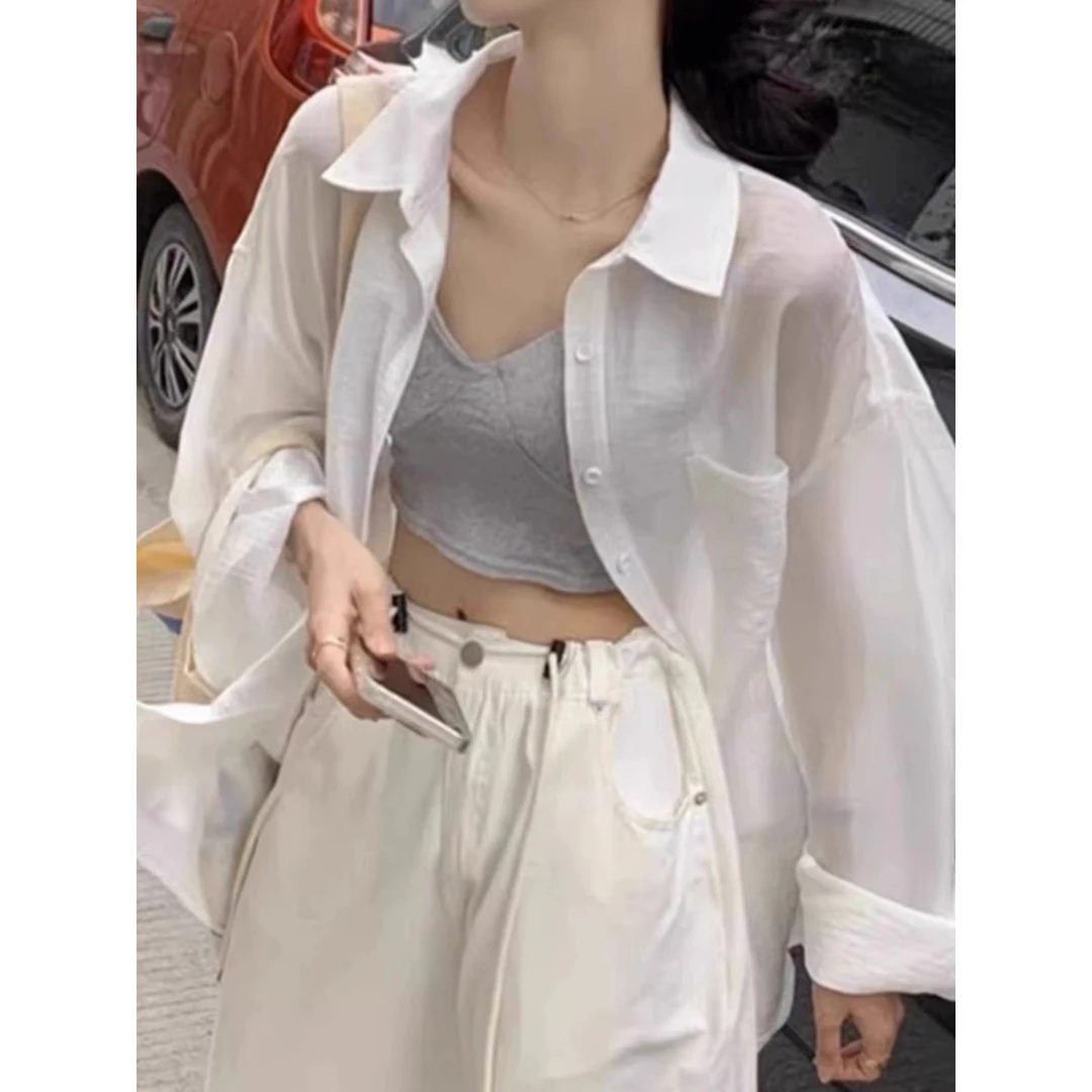 大宝家薄纱衬衫女夏季薄款慵懒风宽松百搭空调开衫上衣衬衫2324