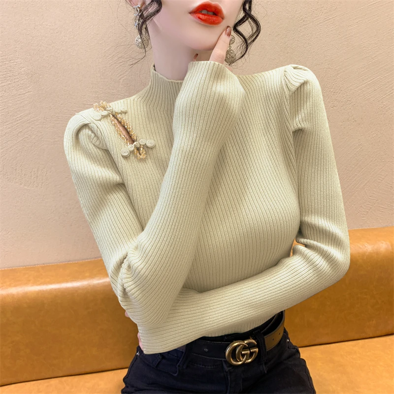 2024新款秋冬中国风盘扣长袖打底衫女内搭高级感钉珠镂空毛衣冬季