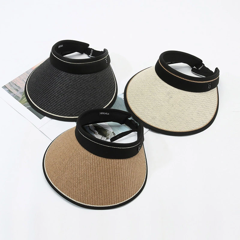 夏季户外出游遮阳帽女士可折叠草帽拉菲草防晒空顶帽uv小G大帽檐