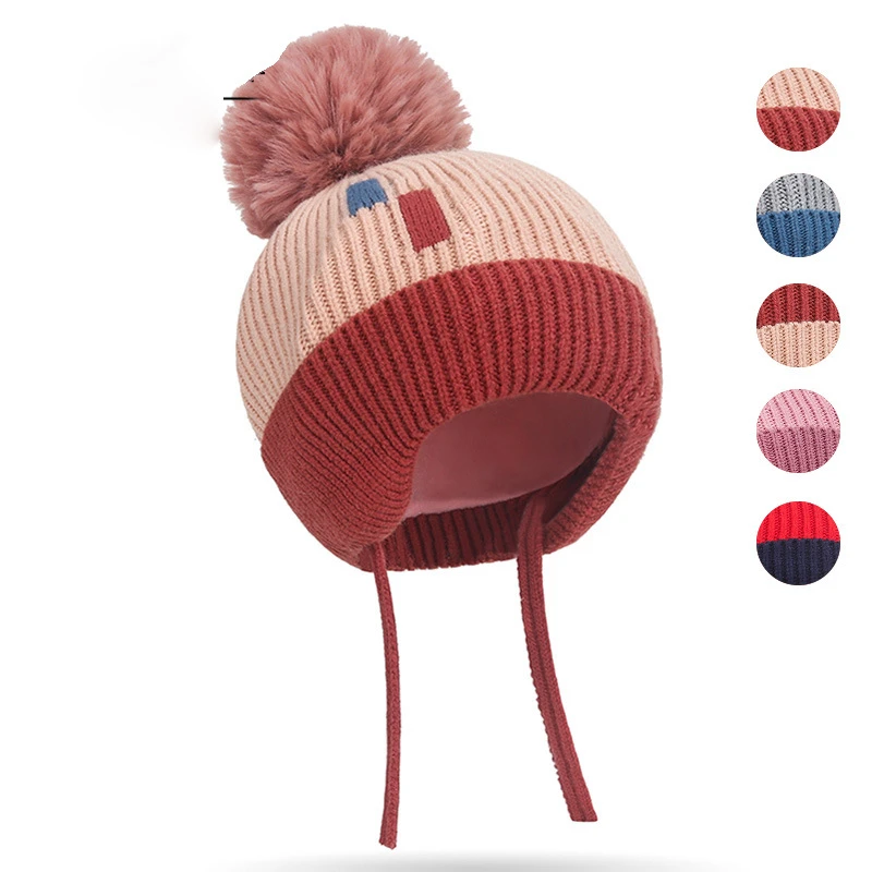 冬季新款男童可爱护耳保暖针织帽韩版女宝宝加厚毛球加绒毛线帽