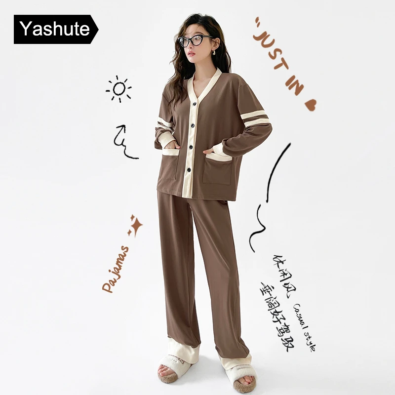 睡衣女春秋长袖休闲复古条纹开衫V领家居服可外穿柔软棉长袖套装