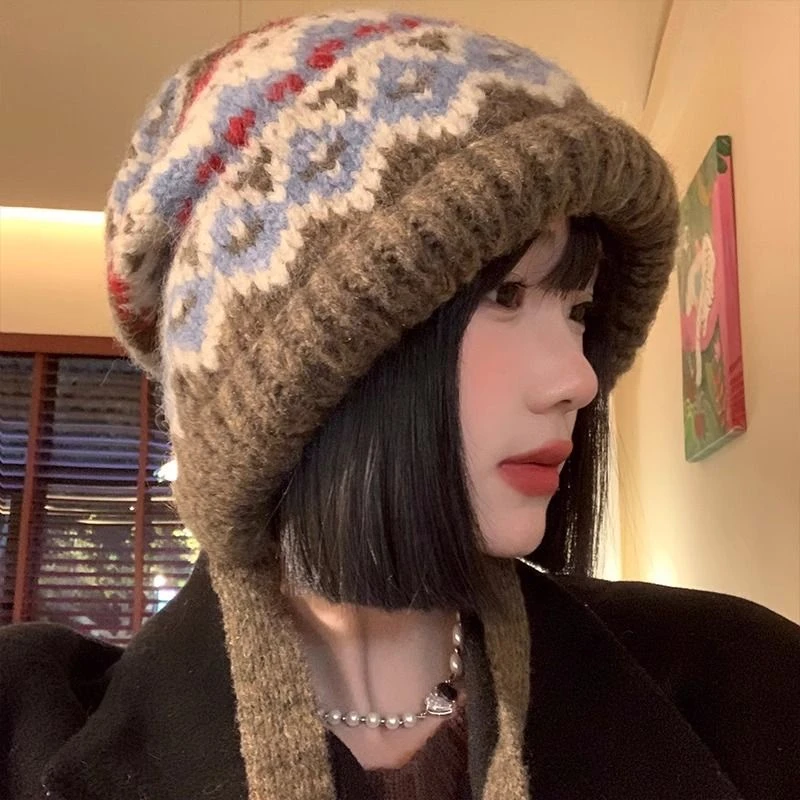 费尔岛风针织帽子女冬季复古巴拉克拉法帽包包帽保暖护耳毛线帽潮