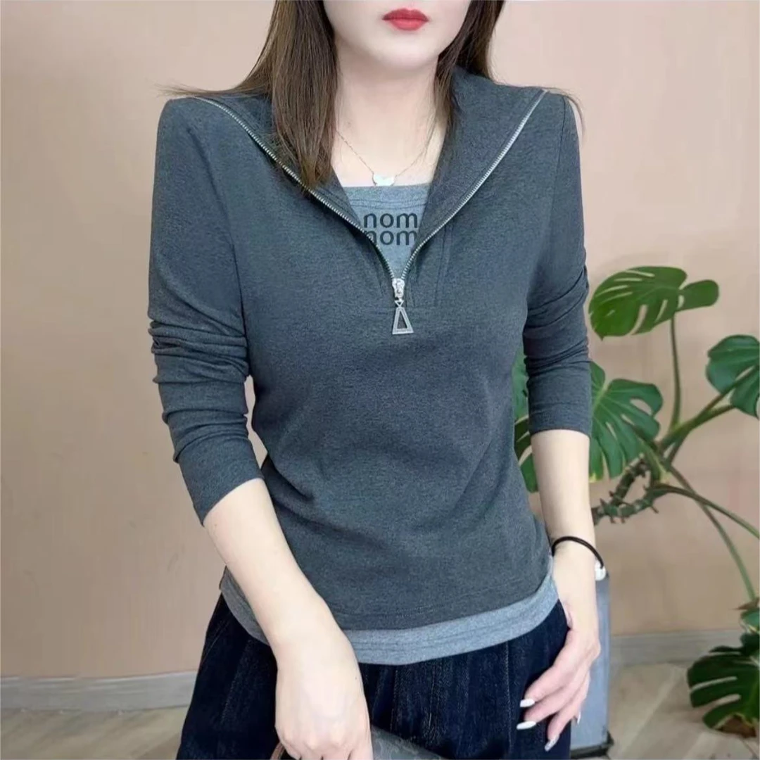 秋季新品时尚百搭气质显瘦洋气半拉链带领打底上衣长袖