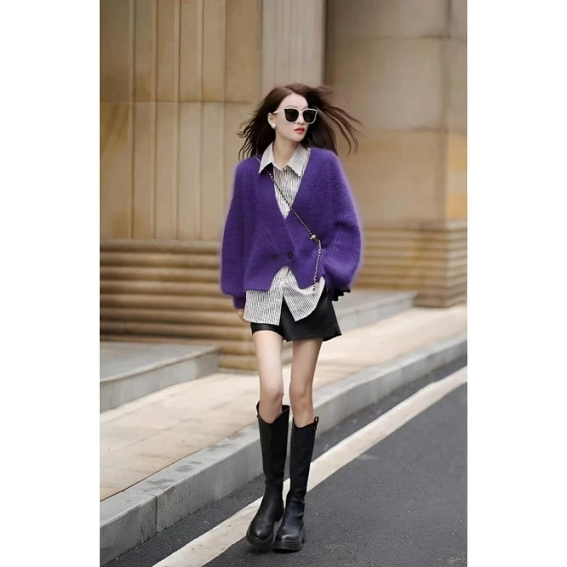 韩剧小香风套装女秋冬条纹衬衫软糯针织开衫叠穿高级感三件套上衣