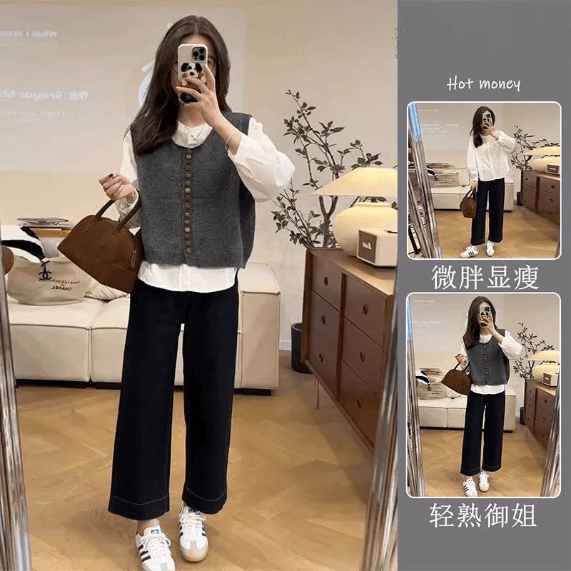 早秋小个子梨型身材穿搭韩系慵懒风复古马甲衬衫牛仔裤简约三件套