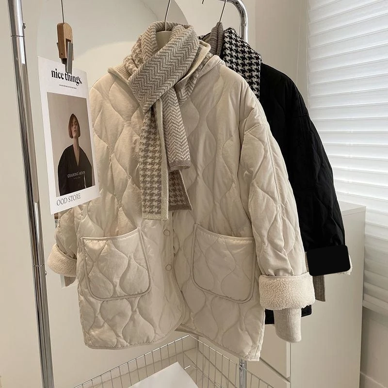 圆领加绒袖口拼接棉服冬季女显瘦韩版宽松菱格保暖棉衣外套