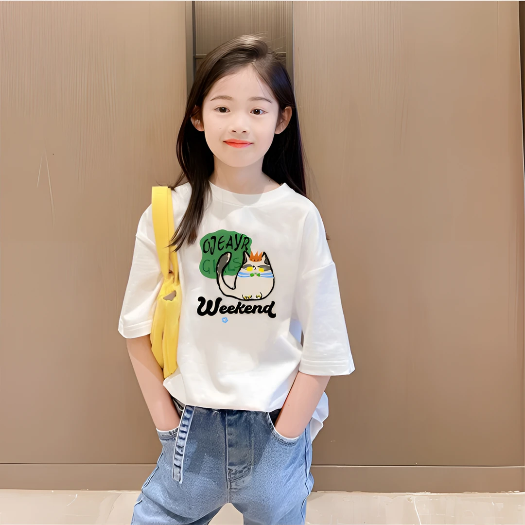 100%纯棉儿童短袖t恤女童上衣服男童打底衫夏季洋气宽松女孩白色