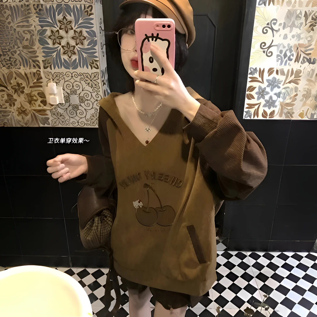 两件套灯芯绒连帽v领卫衣女装秋冬大码胖mm插肩撞色宽松上衣潮牌