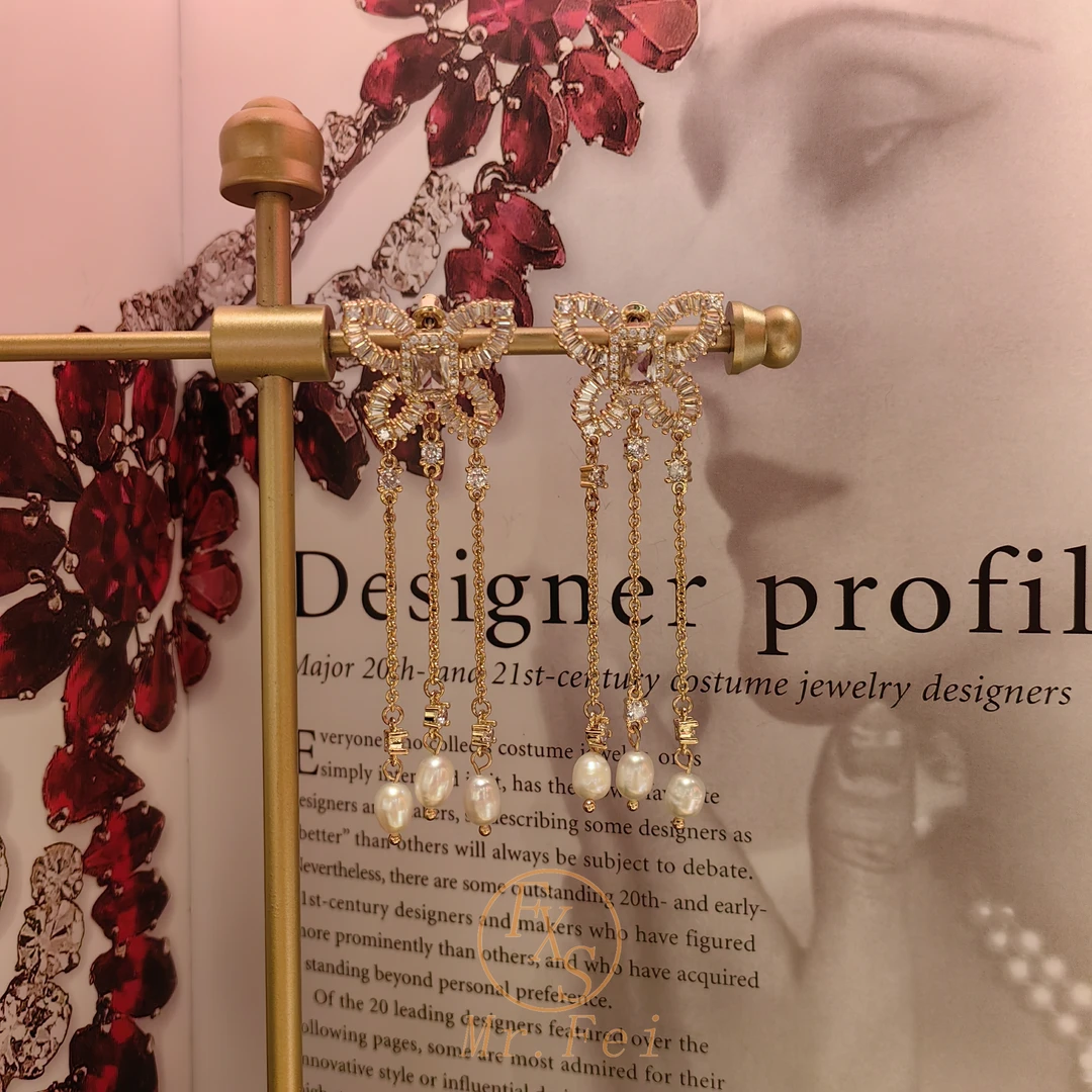 溯源好物设计师手工蝴蝶流苏淡水珍珠仙女耳饰~8761