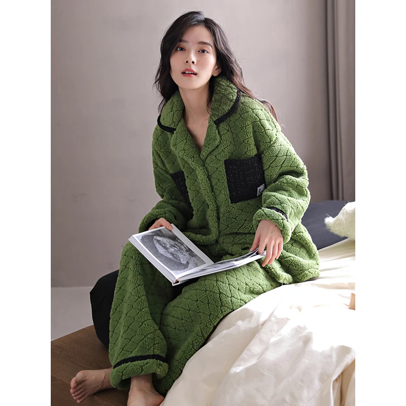 愉生活睡衣女秋冬珊瑚绒加厚加绒冬季长毛绒开衫舒适休闲家居服