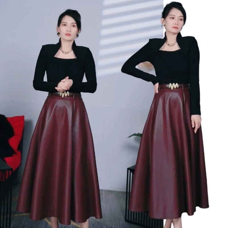 裙子半身裙显瘦高腰秋冬大摆裙女装气质大码百搭中长款修身皮裙