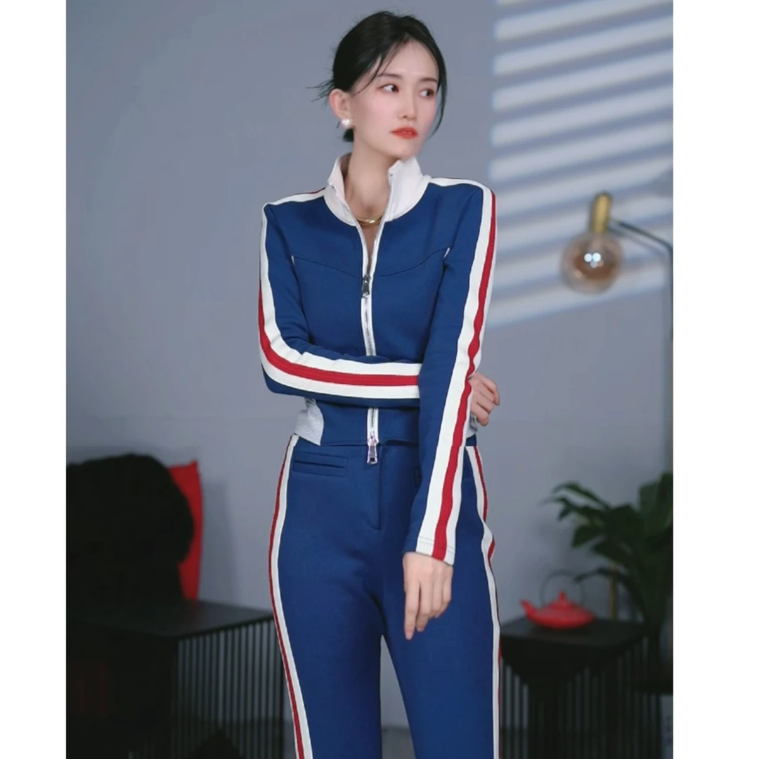 加绒--蓝色套装裤子显瘦气质时尚休闲女士拼接百搭阔腿修身套装