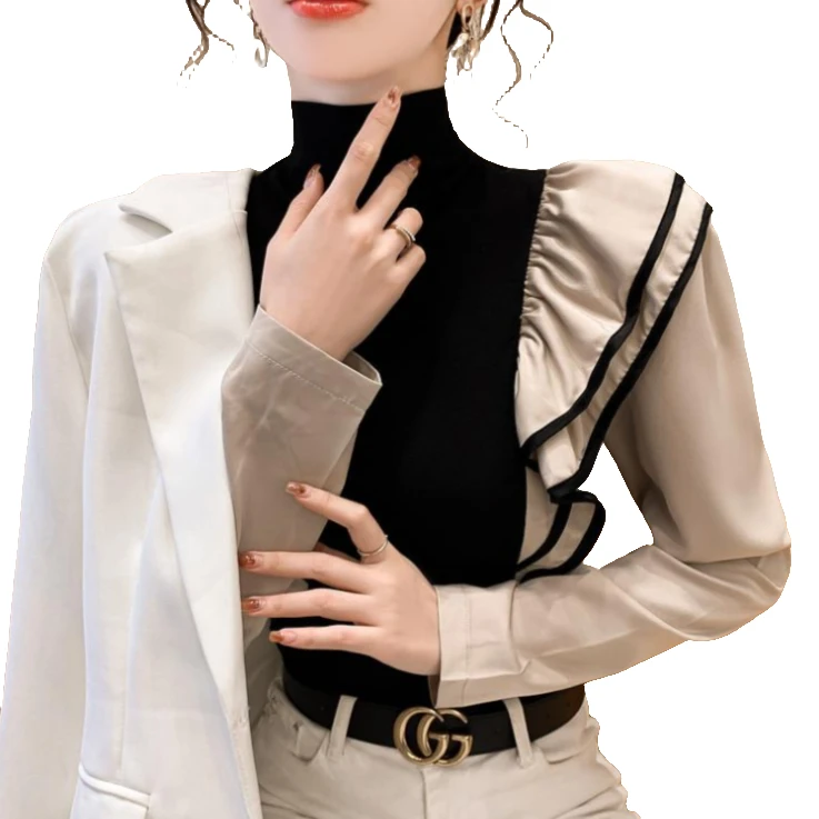 【歌百合】秋冬女装新款时尚气质上衣拼接长袖内搭显瘦洋气打底衫