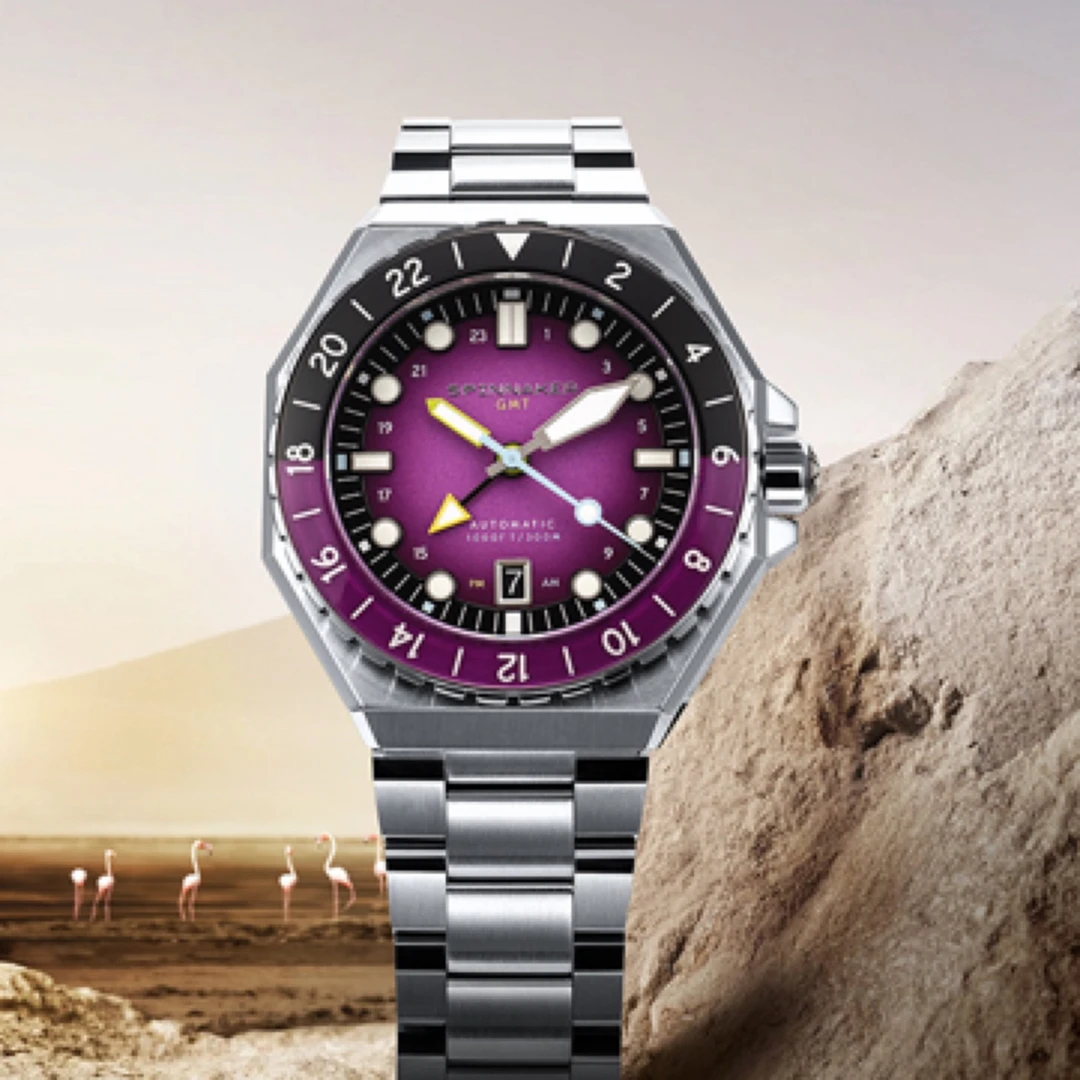 新款SPINNAKER三角帆八角壳GMT双时区自动机械表钢带夜光防水5119