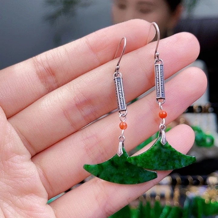 翡翠耳饰银S925镶嵌饰品