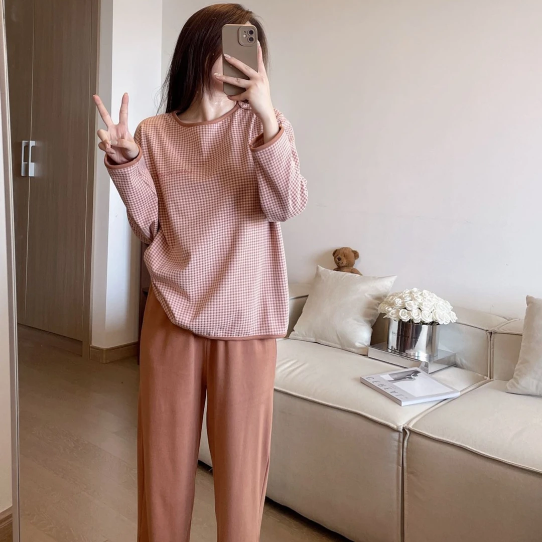 秋冬季长袖长裤格子宽松睡衣休闲家居服套装起居服睡衣套装居家