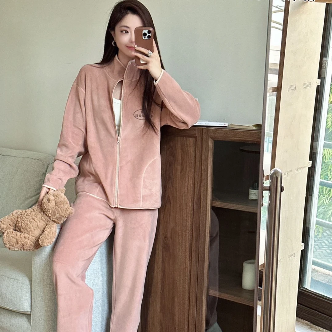 （九九推荐）秋冬季男女同款拉链睡衣套装家居服运动女士双面奥粒绒