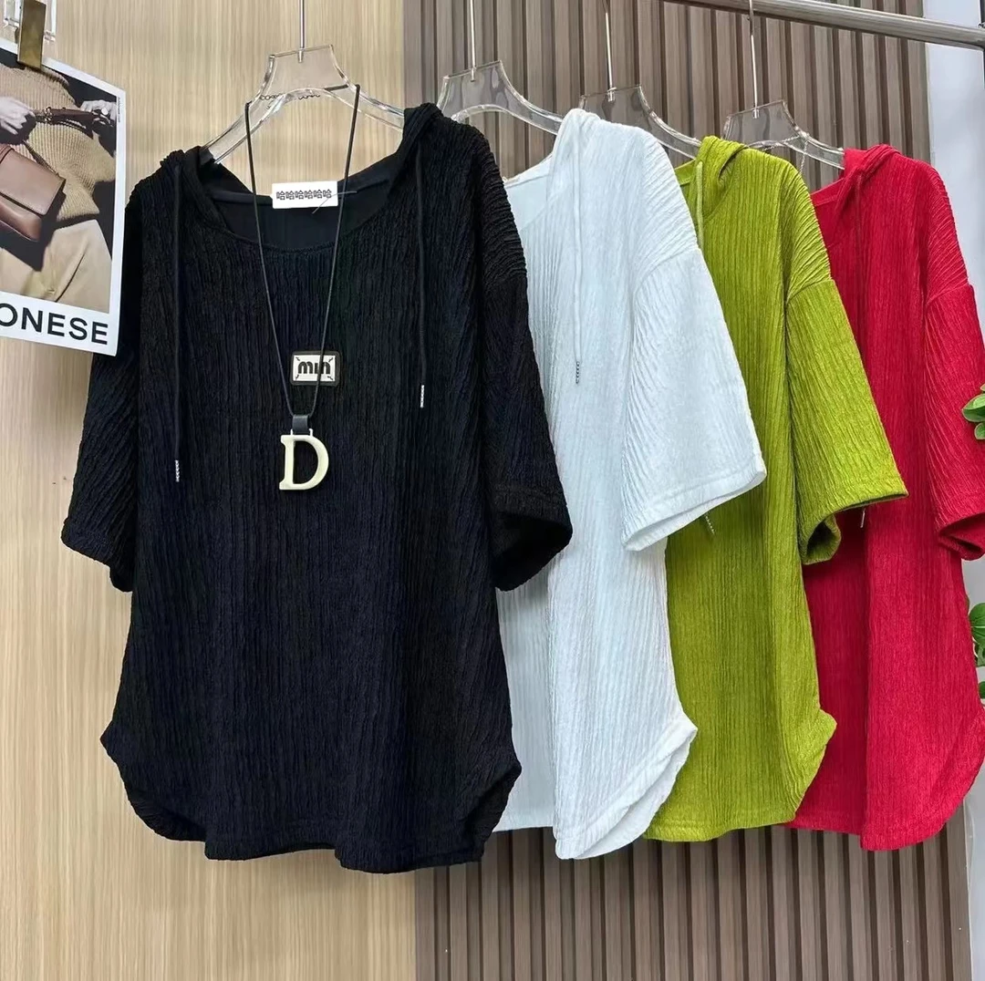 大码女装P新款时尚休闲半袖遮肉肉帽衫上衣女582033